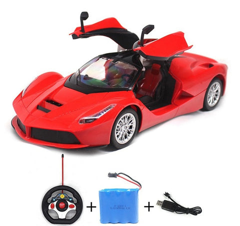 Voiture Télécommandée Lamborghini RED FURY présentée avec ses accessoires : télécommande, batterie, et câble USB- VéhTél