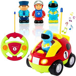 Voiture télécommandée bébé TINY avec sa télécommande en arriière plan 3 figurines, un policier, un pilote de course et un mécanicien - Véhtél
